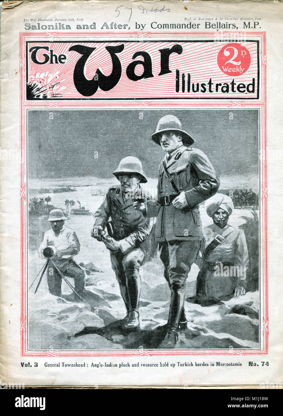 The magazine cover 'the war illustrated', No. 74, Jan, 1916, 'General Townshend: Anglo-indian pluck and resource hold up Turkish hordes in mesopotamia Stock Photo