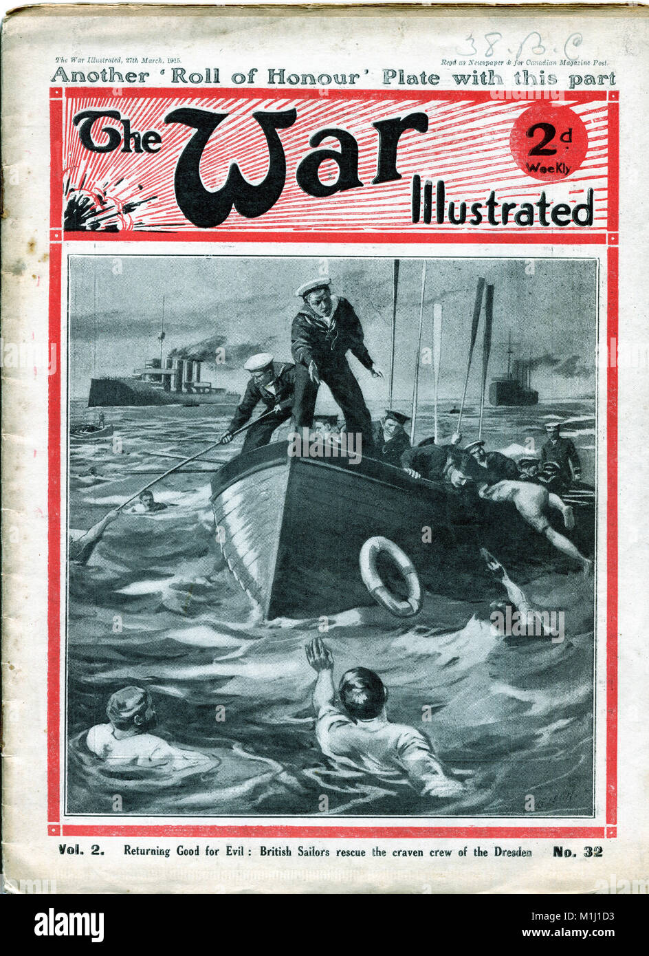 The english magazine cover 'the war illustrated', No. 32, March, 1915, 'Returning Good for evil: British sailors rescue the craven crew of the Dresden Stock Photo