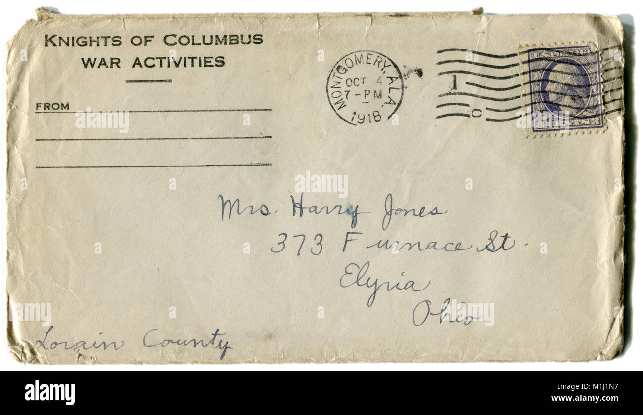 Old american postal envelope knights of columbus war activities, with ink inscription. First world war. 1918, The United states of america. Stock Photo