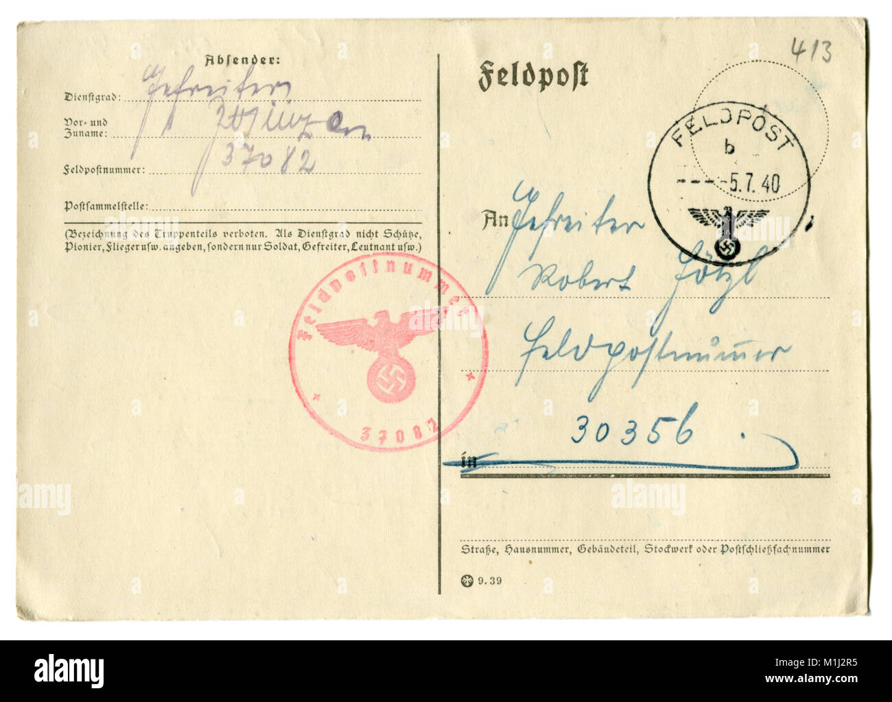 Old German postal Lettercard, written in blue ink. The second world war. The third Reich. Germany. Field post. 1940 Stock Photo