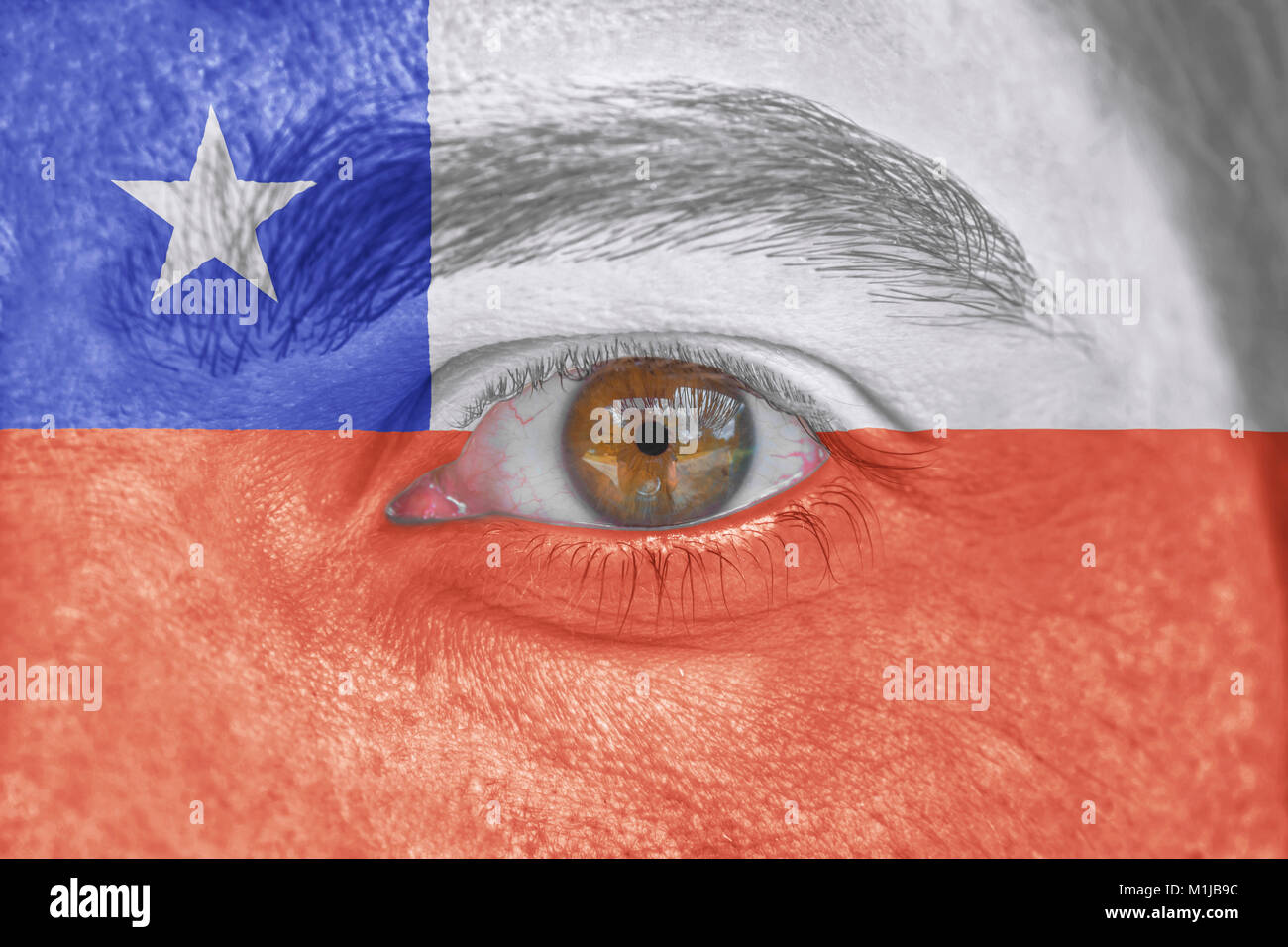 Human face and eye painted with flag of Chile Stock Photo