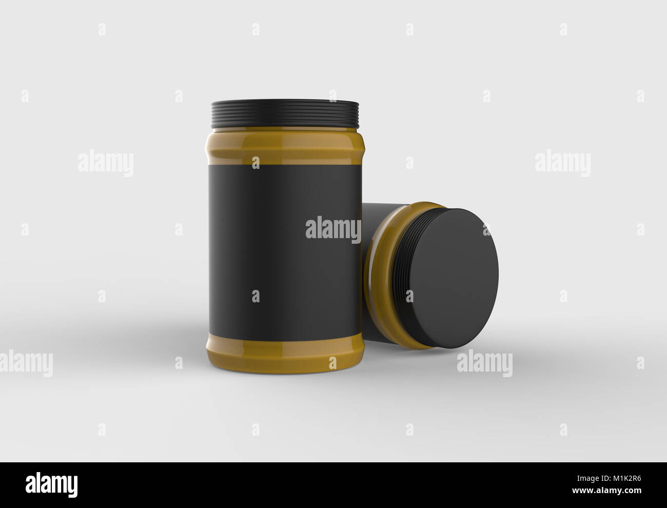 Mustard jar mock up with black label isolated on soft gray background