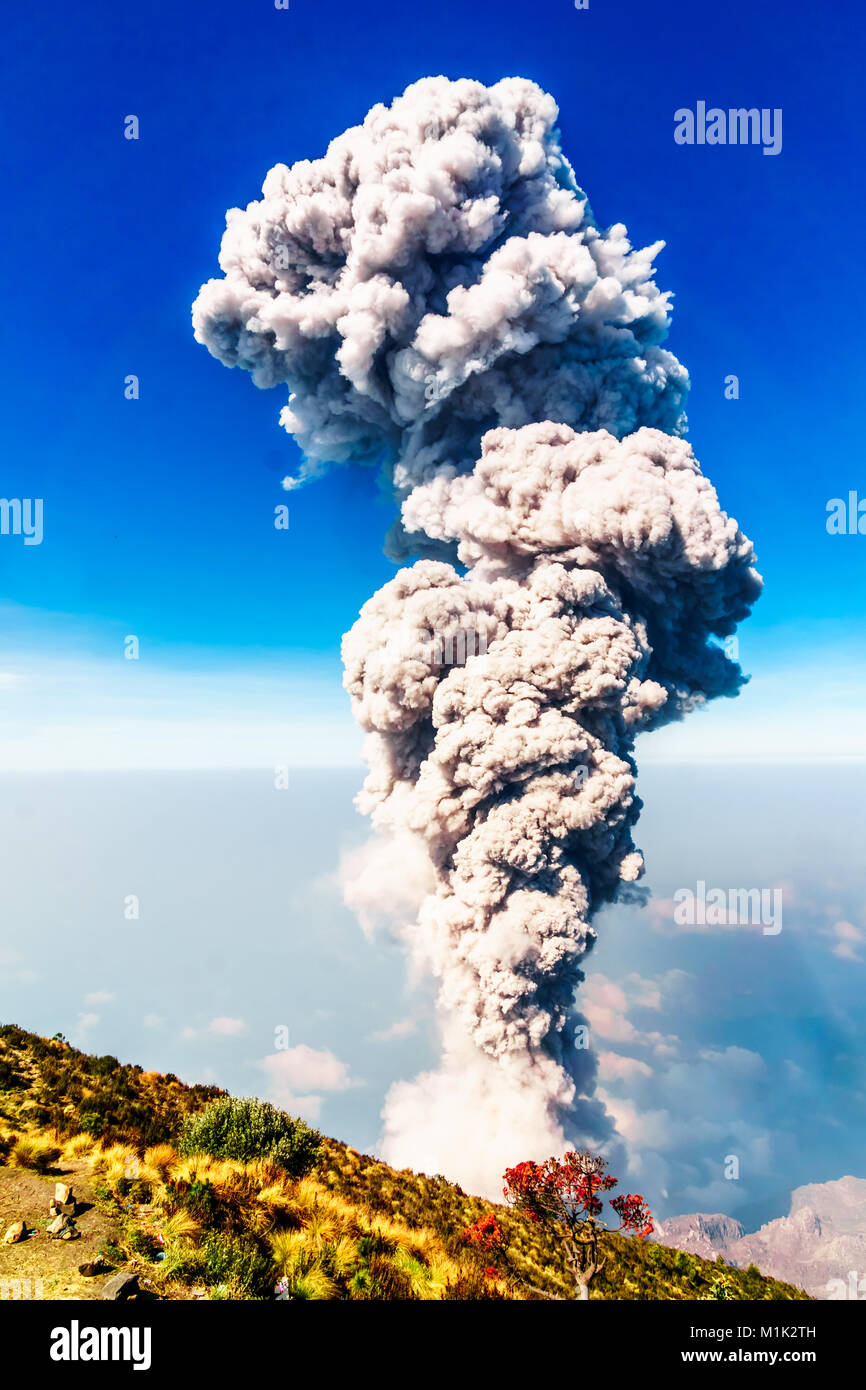 Eruption on volcano Santiaguito from Santa Maria in Guatemala Stock Photo