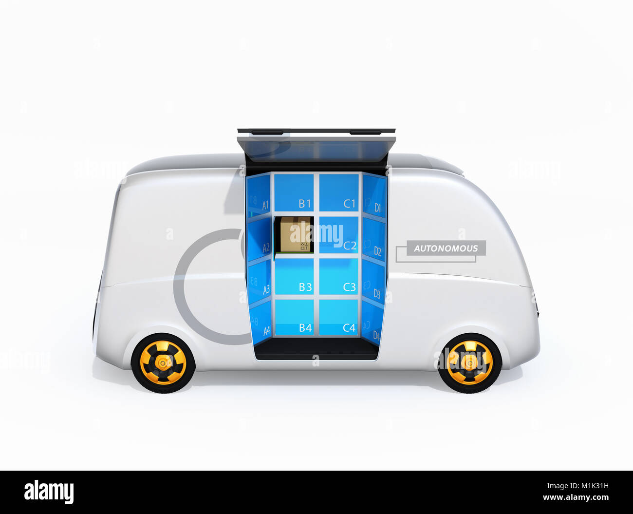 Side view of self-driving delivery van isolated on white background with door opened. Last one mile concept for logistics. 3D rendering image. Stock Photo