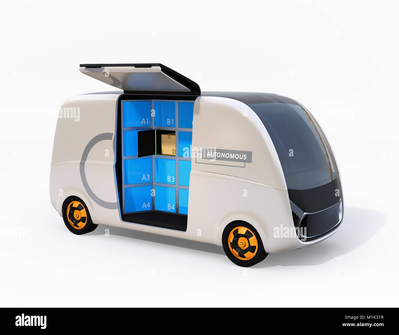 Self-driving delivery van isolated on white background with side door opened. Last one mile concept for logistics. 3D rendering image. Stock Photo