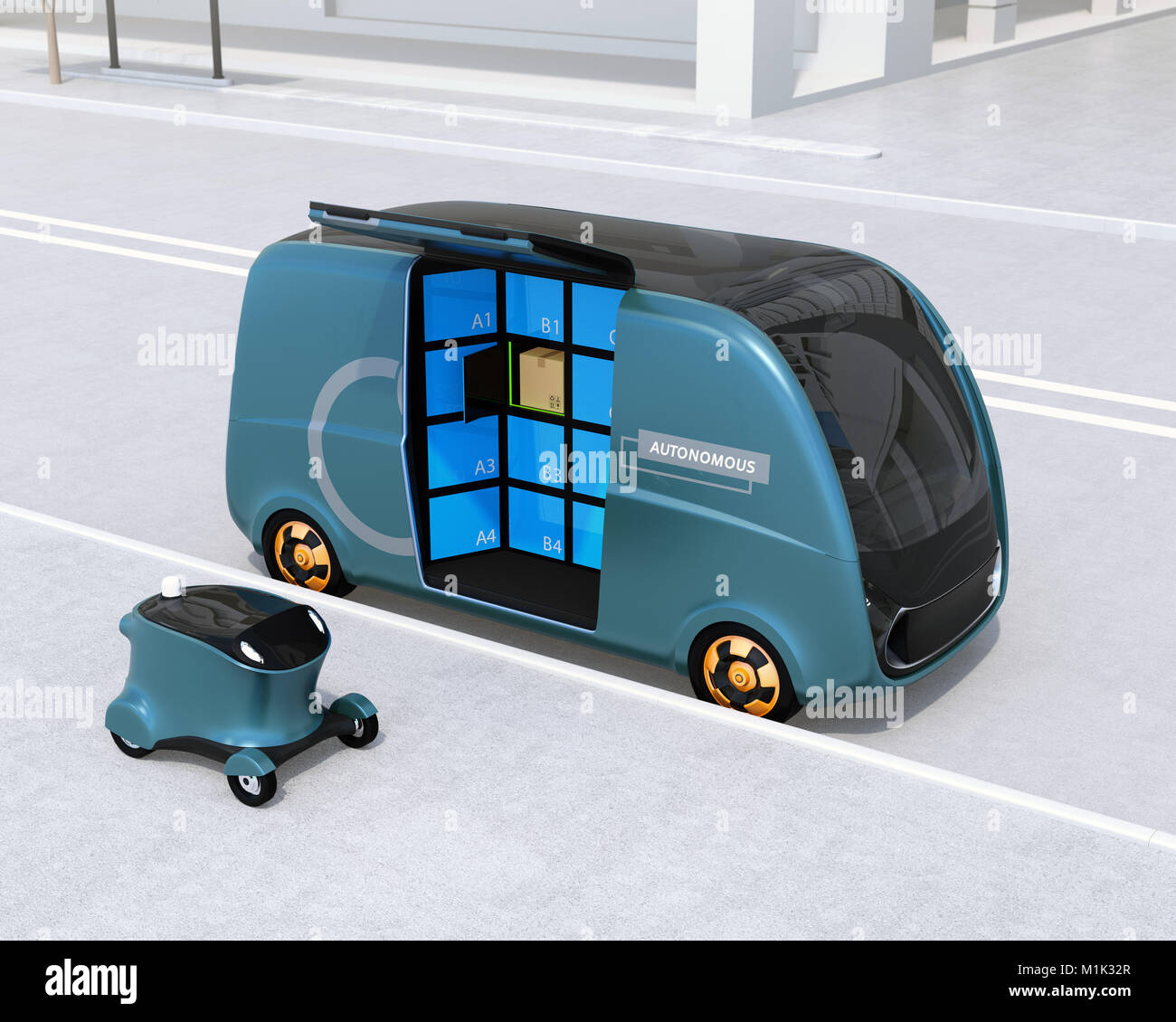 Selfdriving delivery van and drone in the street. Last one mile concept. 3D rendering image