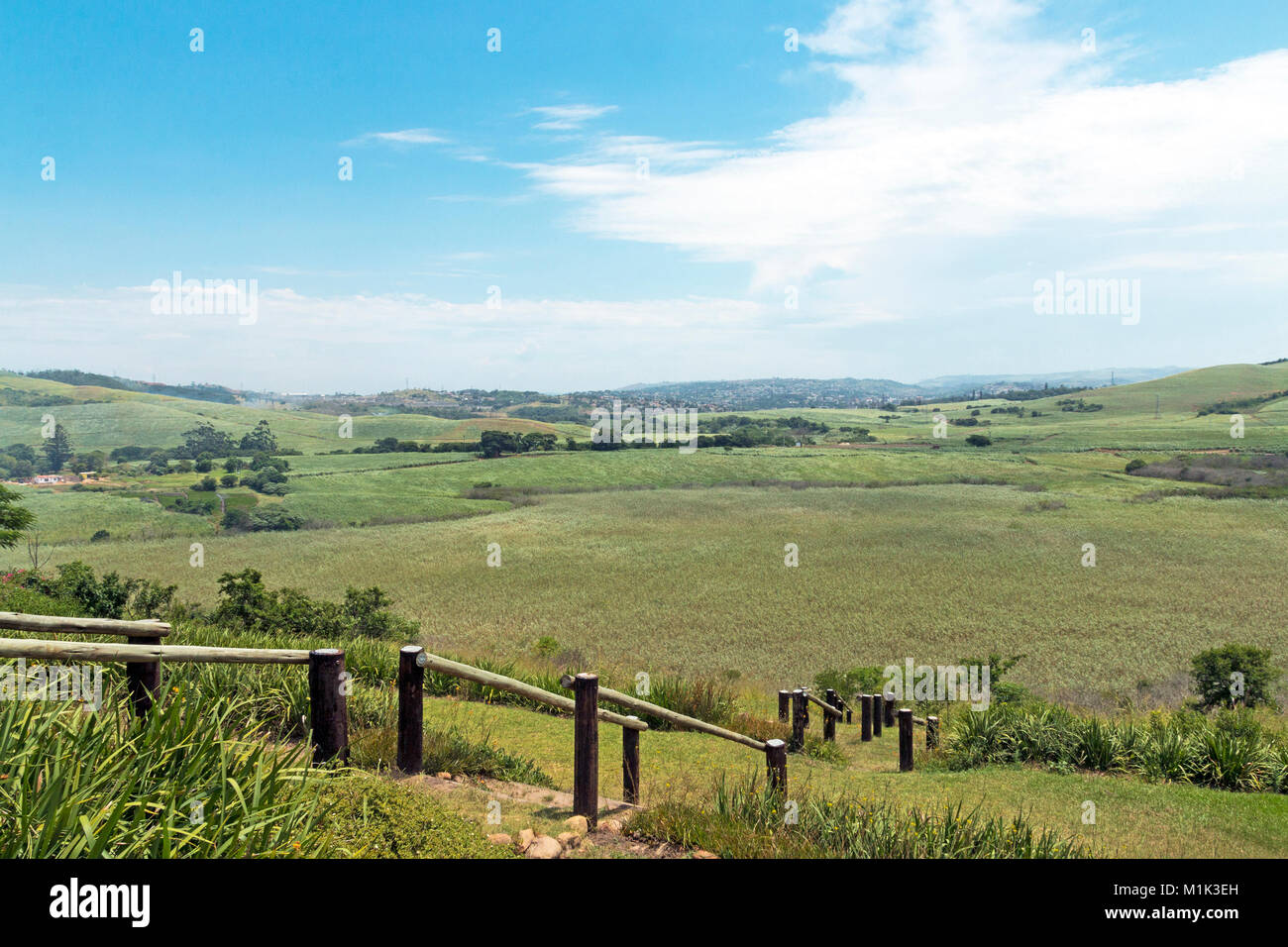 Wooden pole barrier fenced walkway , green vegetation and sugar cane plantations against distant Durban blue cloudy  skyline at Mount Moreland Stock Photo