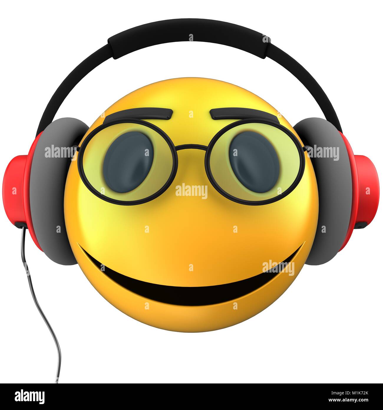 3d illustration of yellow emoticon smile with red headphones over white background Stock Photo