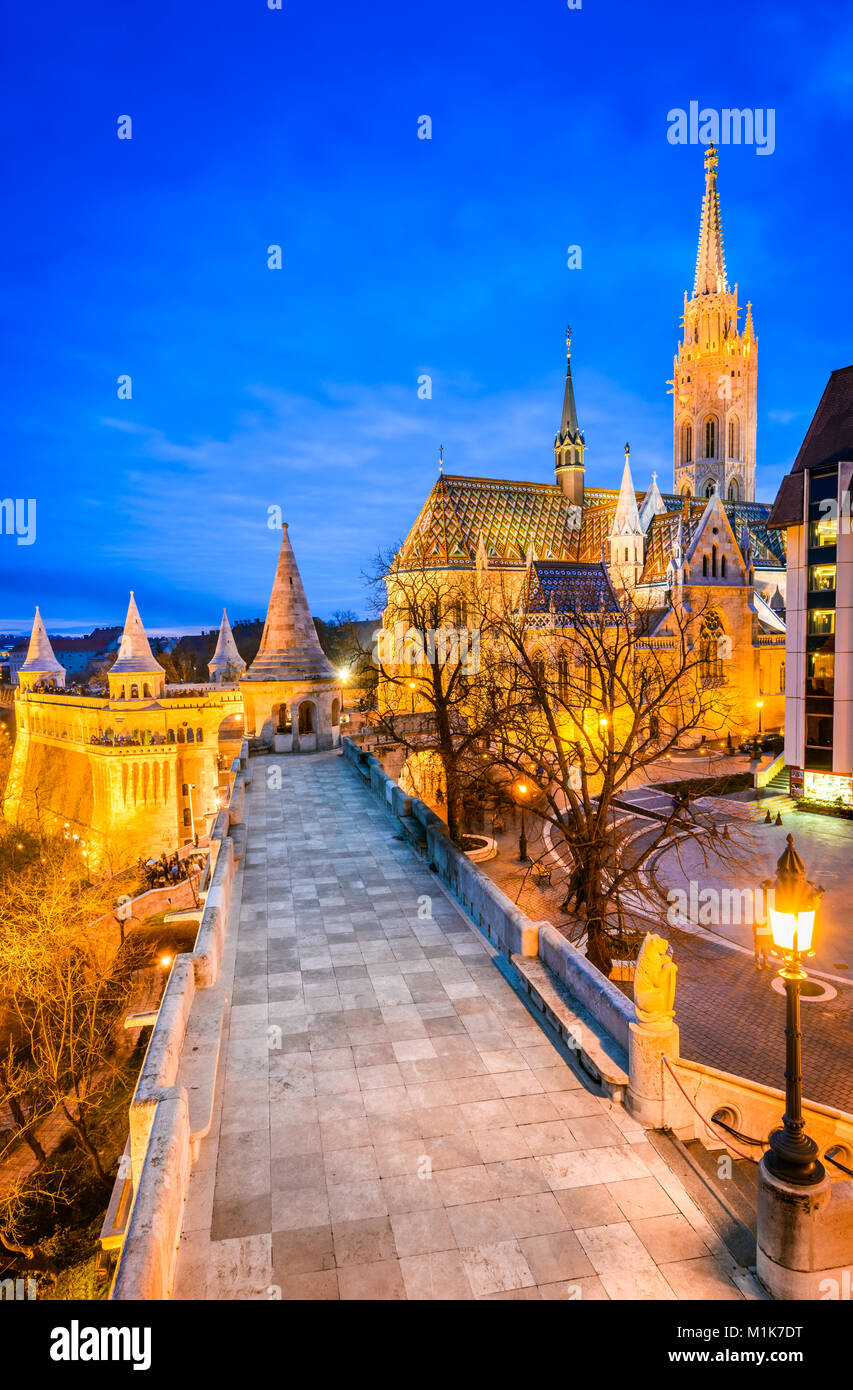 Budapest, Hungary. Matyas Church and Fisherman Bastion on Buda Hill at twilight hour Stock Photo