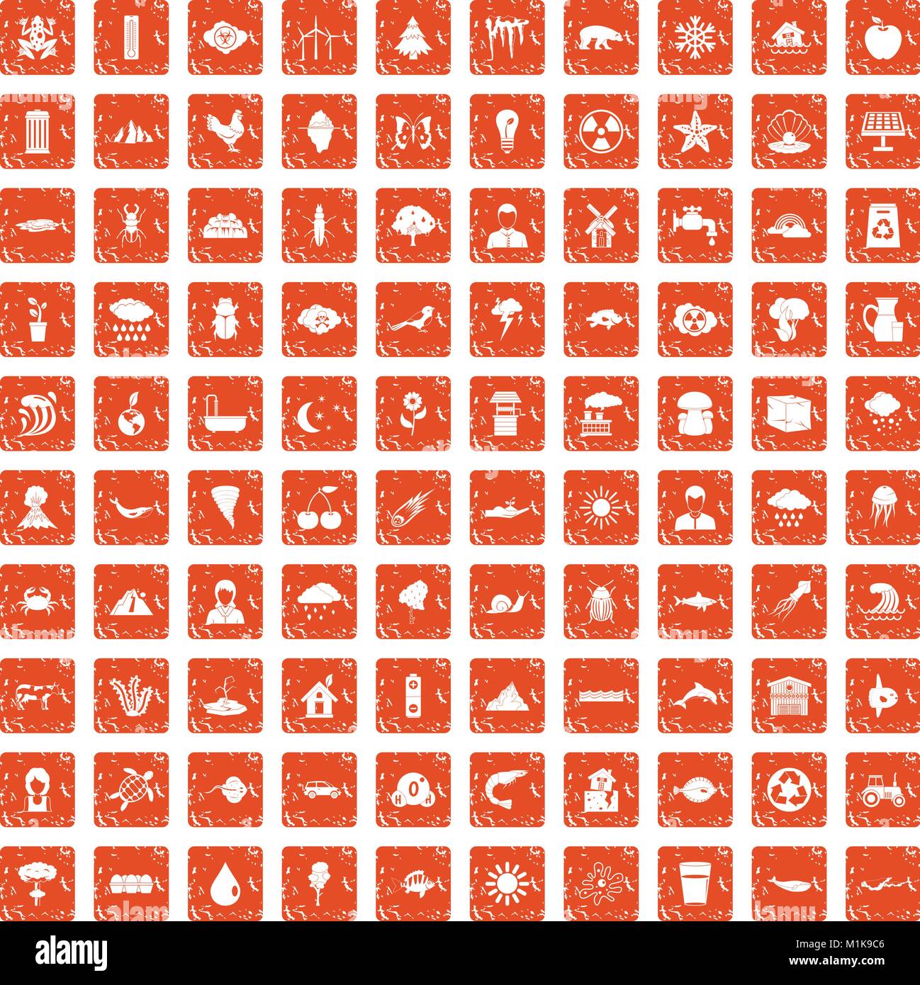 100 earth icons set grunge orange Stock Vector