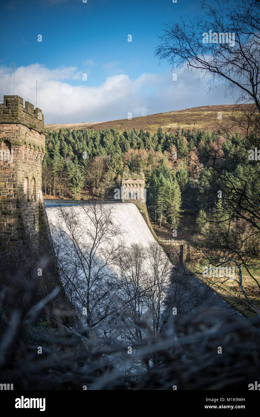 Derwent Dam with water overflowing, Derbyshire peak district national park, Engand, UK,GB Stock Photo