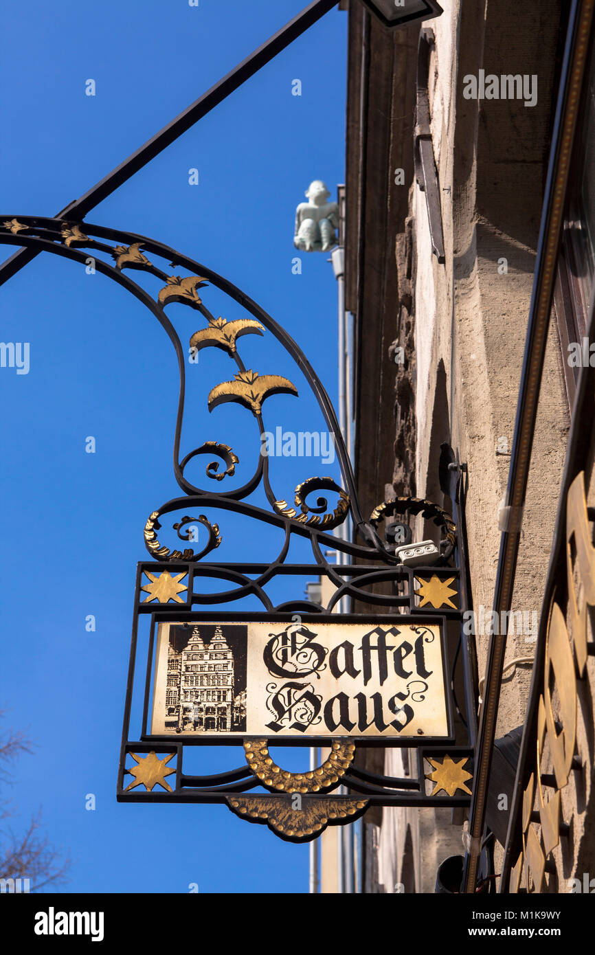 Germany, Cologne, sign of the pub Gaffel on the Old Market in the old part of the town.  Deutschland, Koeln, Ausleger am Brauhaus Gaffel am Alter Mark Stock Photo