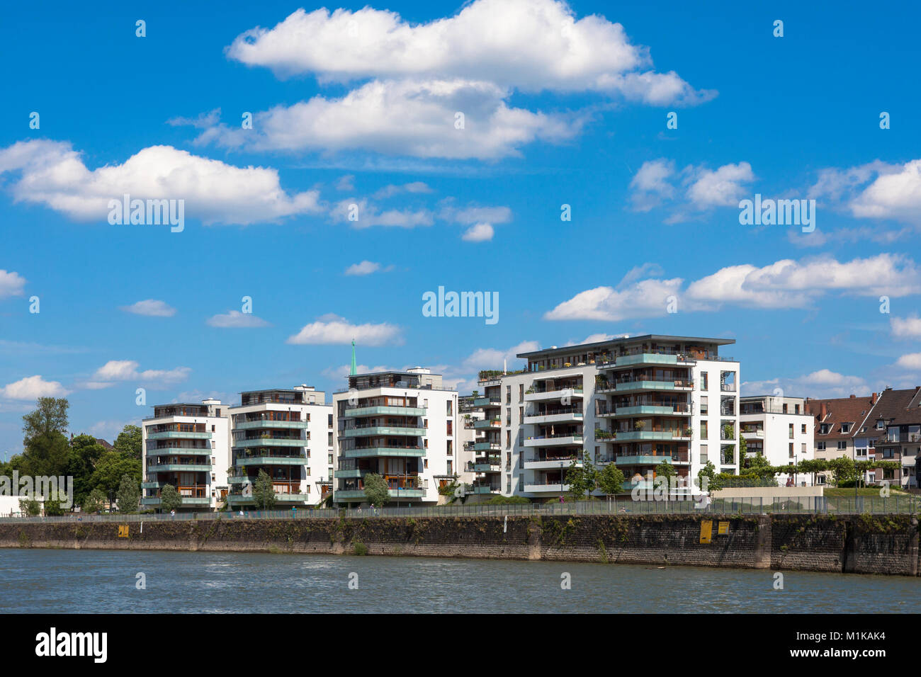Germany, Cologne, Rheinkai apartment houses at the River Rhine in the district Muelheim.  Deutschland, Koeln, Rheinkai Wohnanlage am Rheinufer in Koel Stock Photo