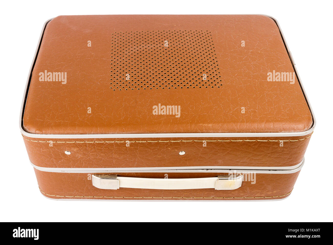Closed vintage suitcase turntable isolated on white background Stock Photo