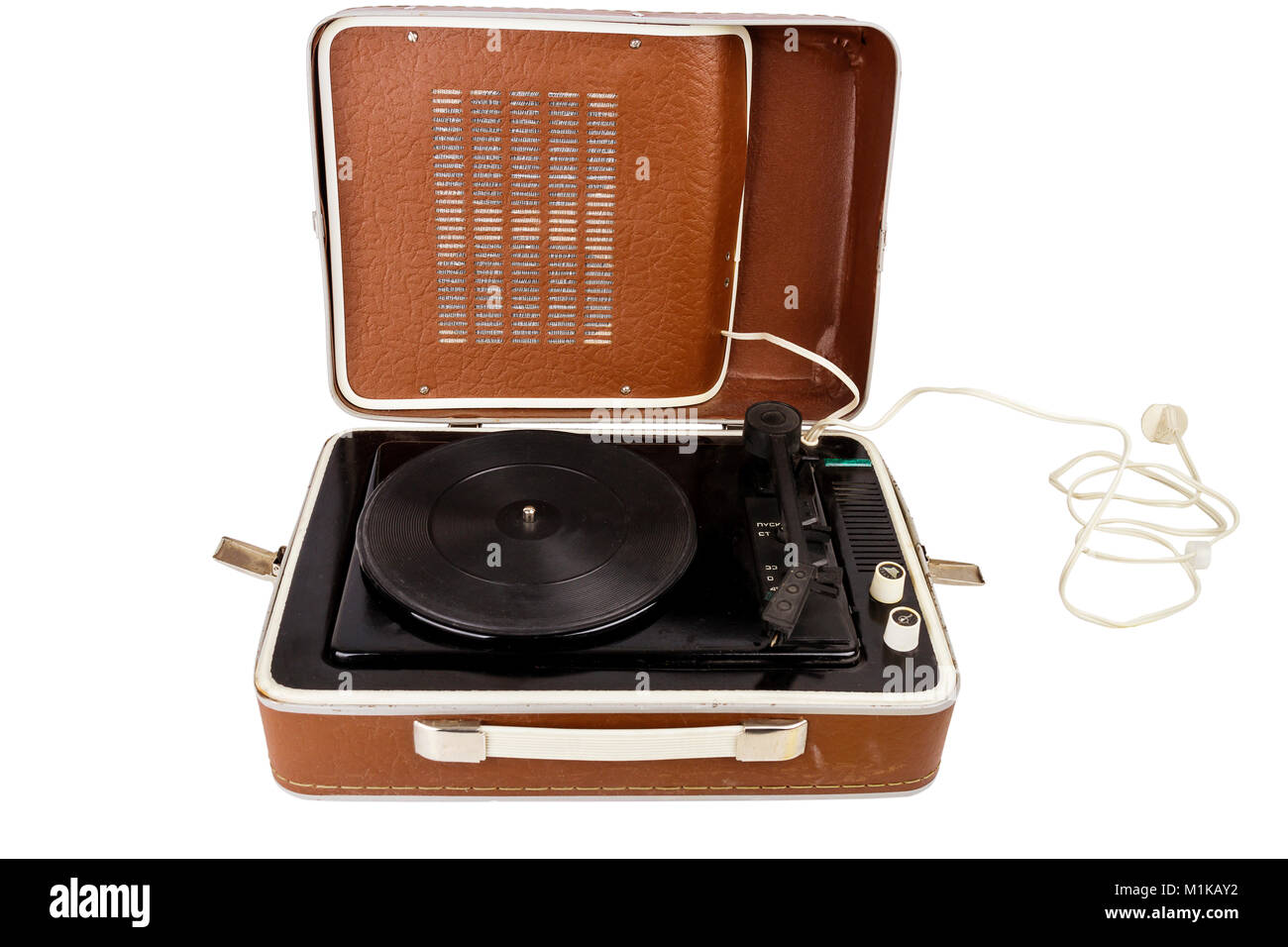 Open vintage suitcase turntable isolated on white background Stock