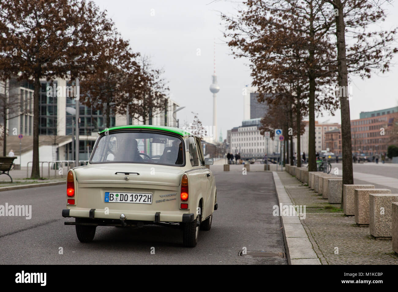 Famous German Car Trabant 601s Deluxe on the streets of Berlin manufactured during the Communism Era in East Germany Stock Photo