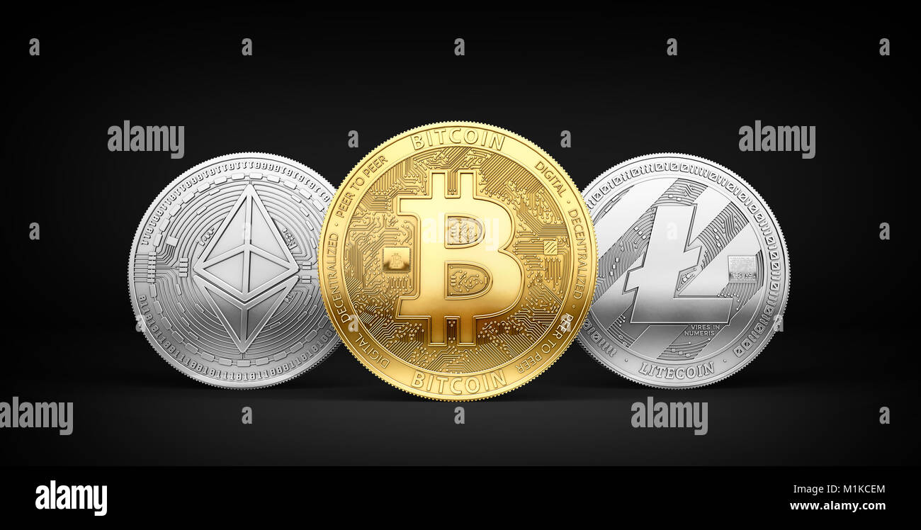 Three cryptocurrencies Bitcoin Ethereum and Litecoin with United Arab  Emirates flag on background Stock Photo - Alamy
