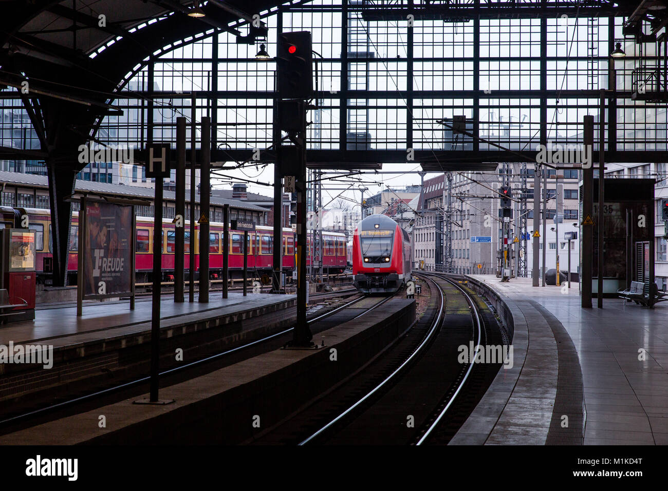 Train approaching Berlin Friedrichstrasse rail station in the German capital Berlin Stock Photo