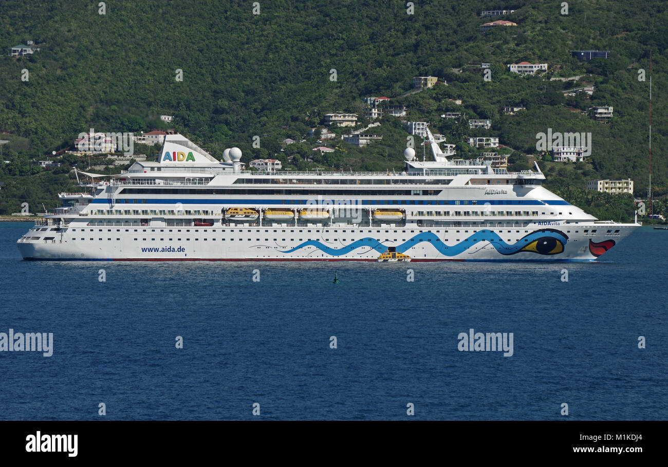 Road Town, Tortola, British Virgin Islands (B.V.I.), January 21, 2015: Cruiseship AIDAvita anchores in the roadstead in front of the Island of Tortola Stock Photo