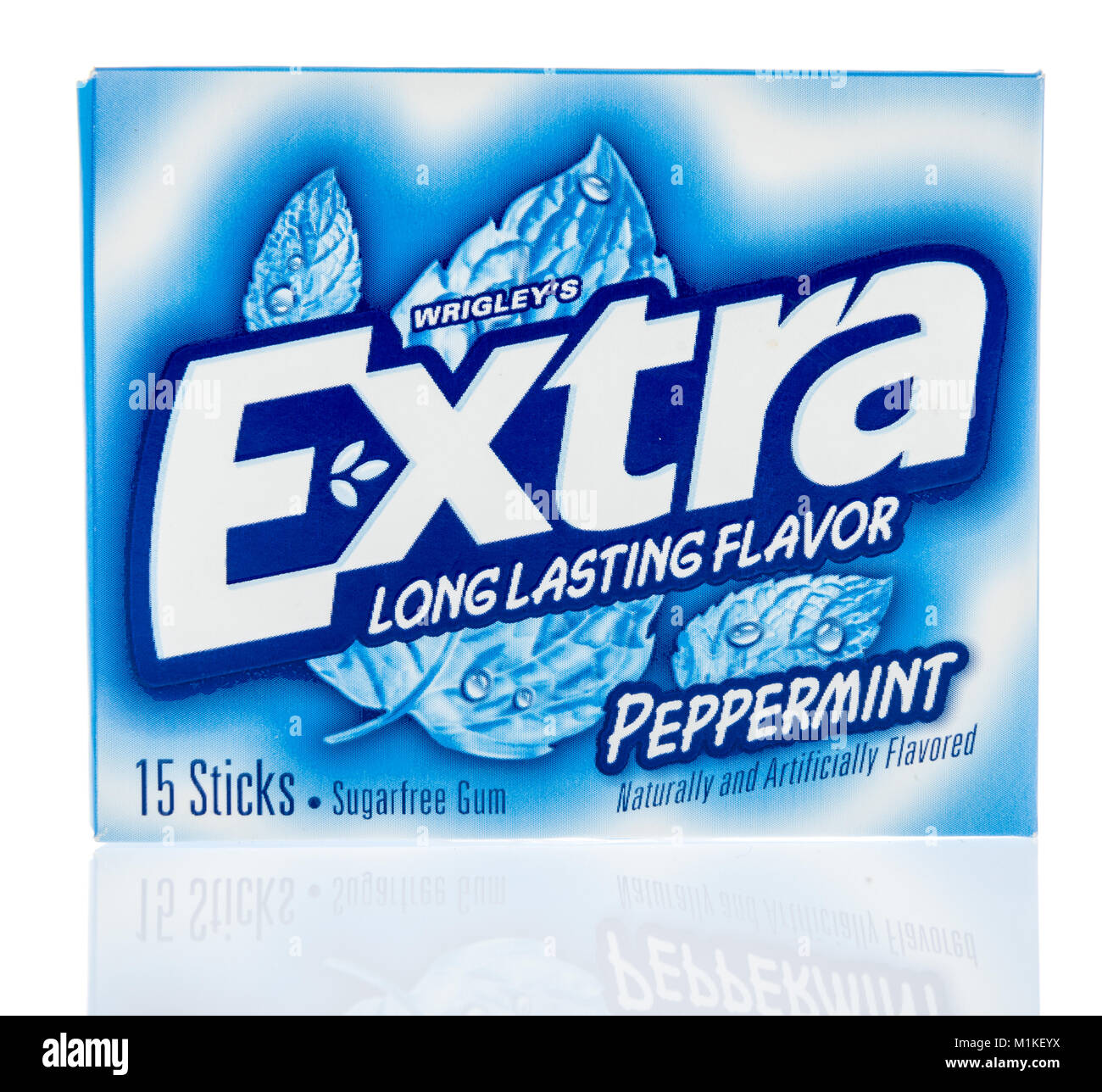 Winneconne, WI - 24 January 2018: A package of Wrigley's extra long lasting gum in peppermint flavor on an isolated background. Stock Photo