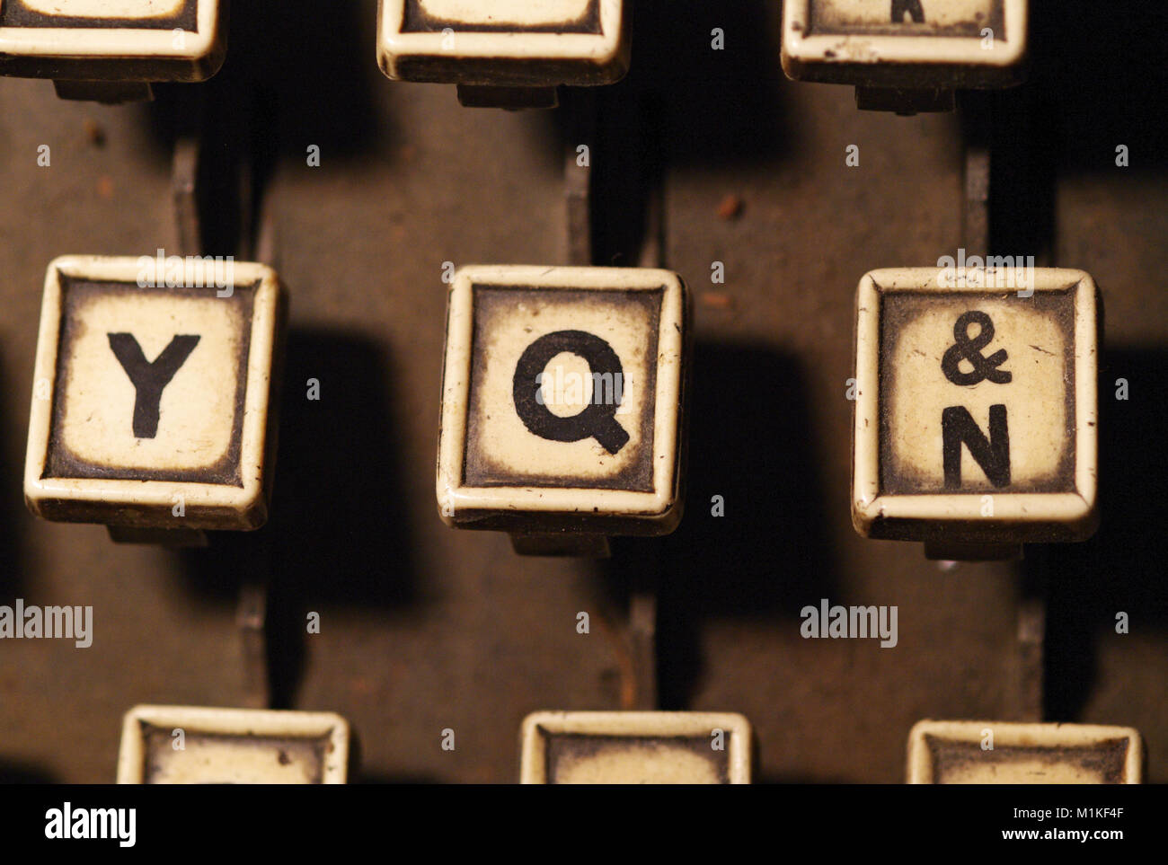 Linotype keyboard letters y, q, n keys closeup at newspaper shop. Provost, Alberta, Canada. Stock Photo