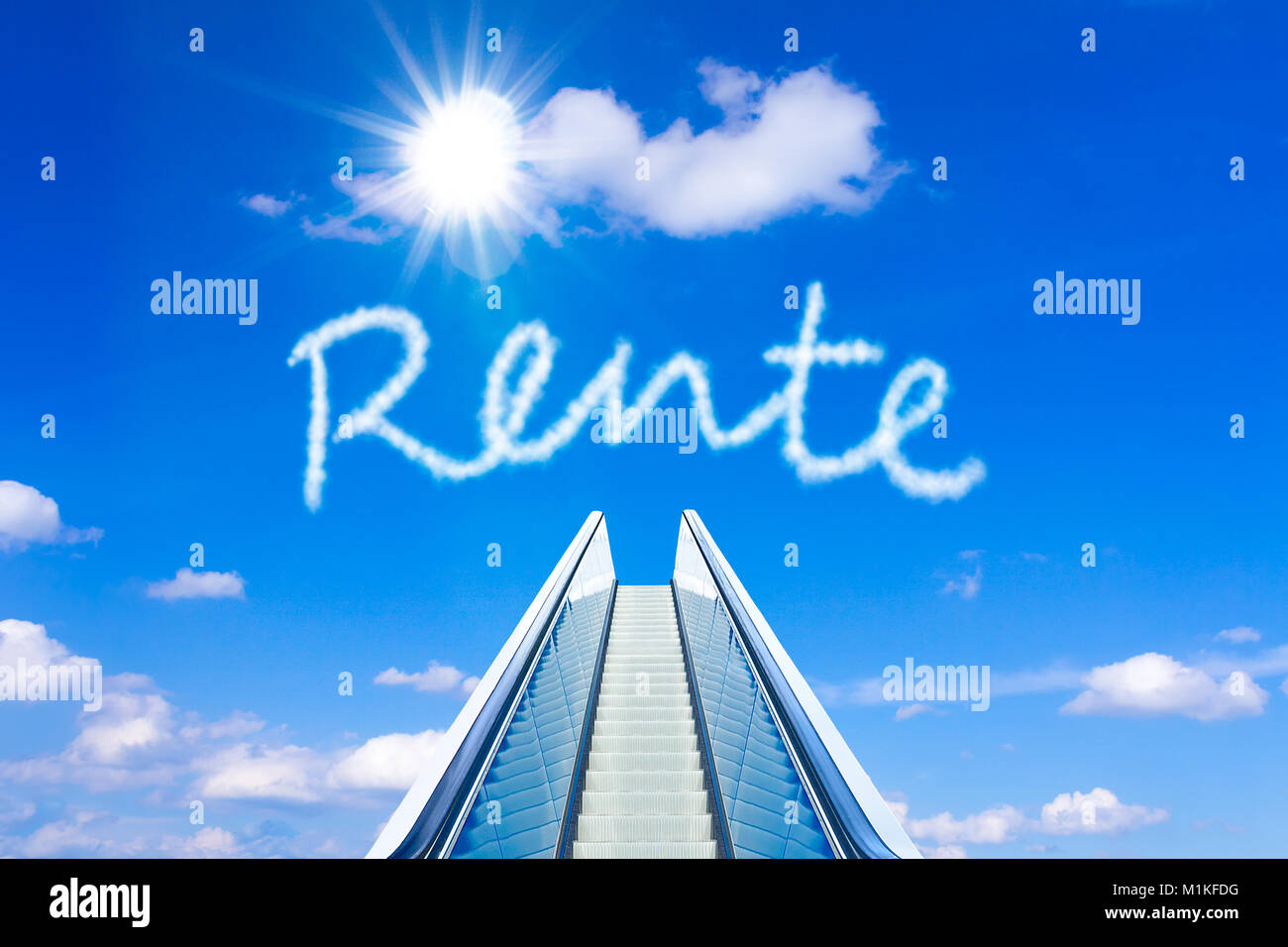 Escalator into a blue sky, concept of achievement, german text RENTE, meaning retirement or pension Stock Photo