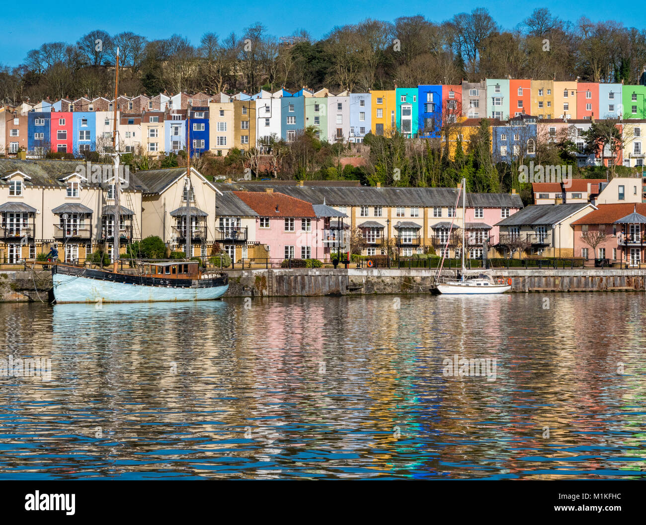 Colourful terraced houses above Bristol's floating harbour in Clifton Wood Bristol UK Stock