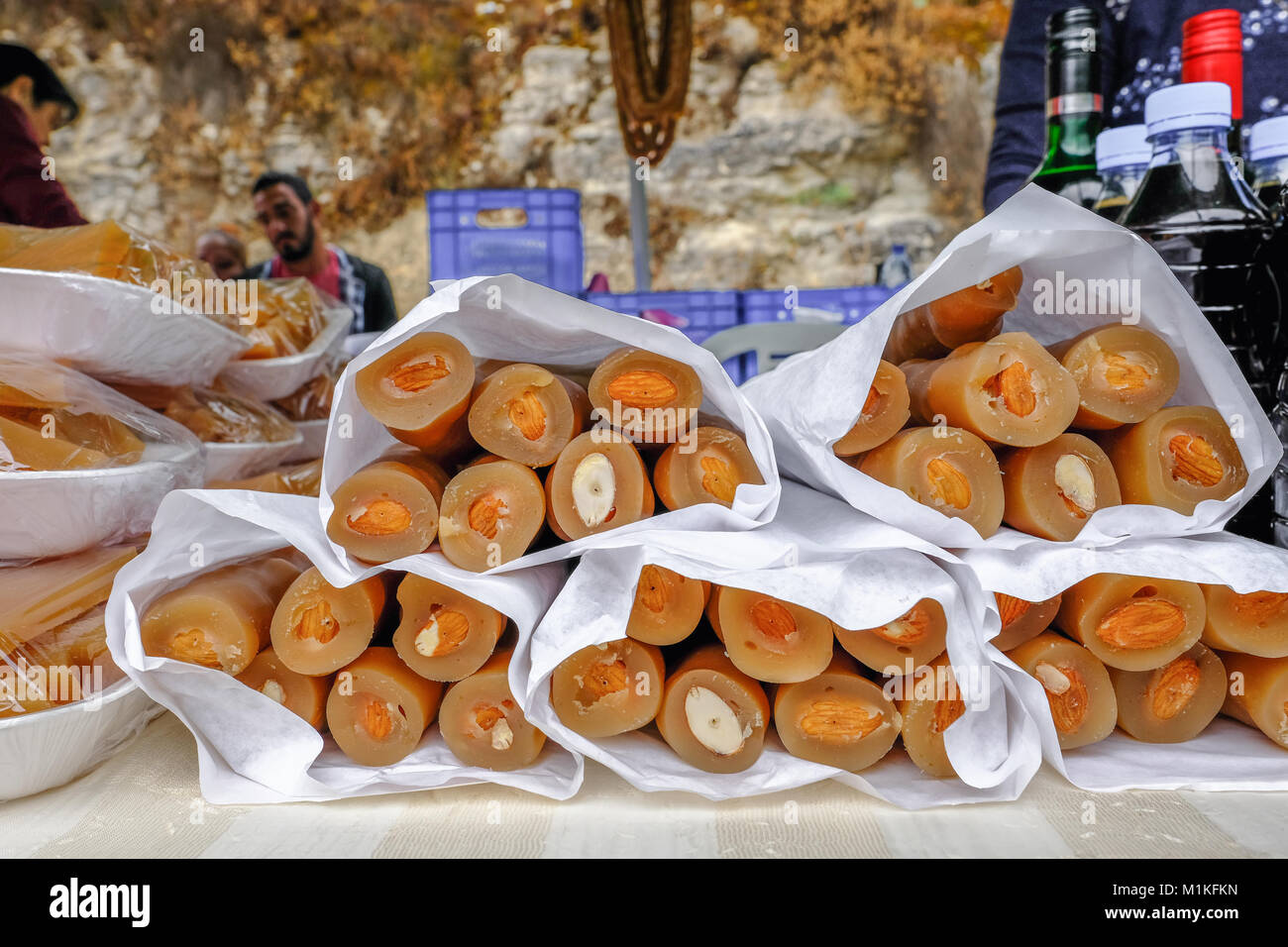 Traditional sweet from Cyprus, soushoukos, a roll of grape juice over nuts to make a tube like treat. Stock Photo