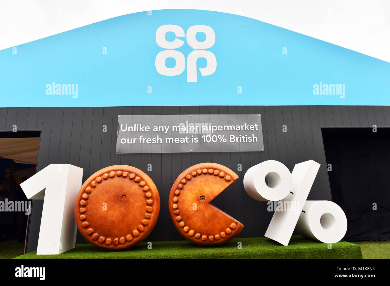 Co-operative Food 100% British product sign at the Great Yorkshire Show, Harrogate UK. Stock Photo