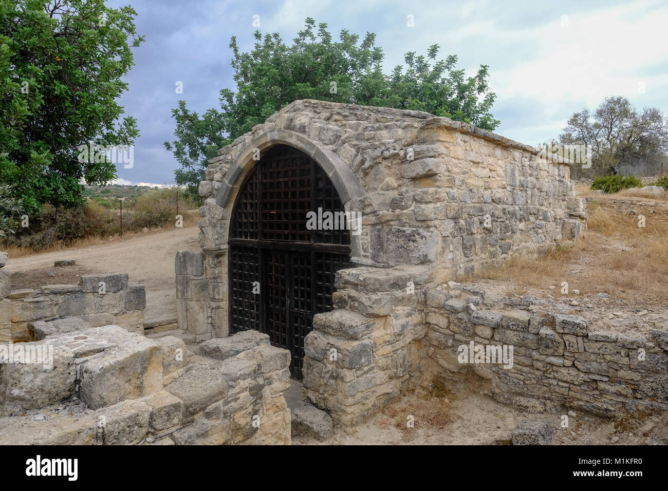Side view of the ancient tiny chapel of  St. Stephen, near the village of Pachna in Cyprus. Stock Photo