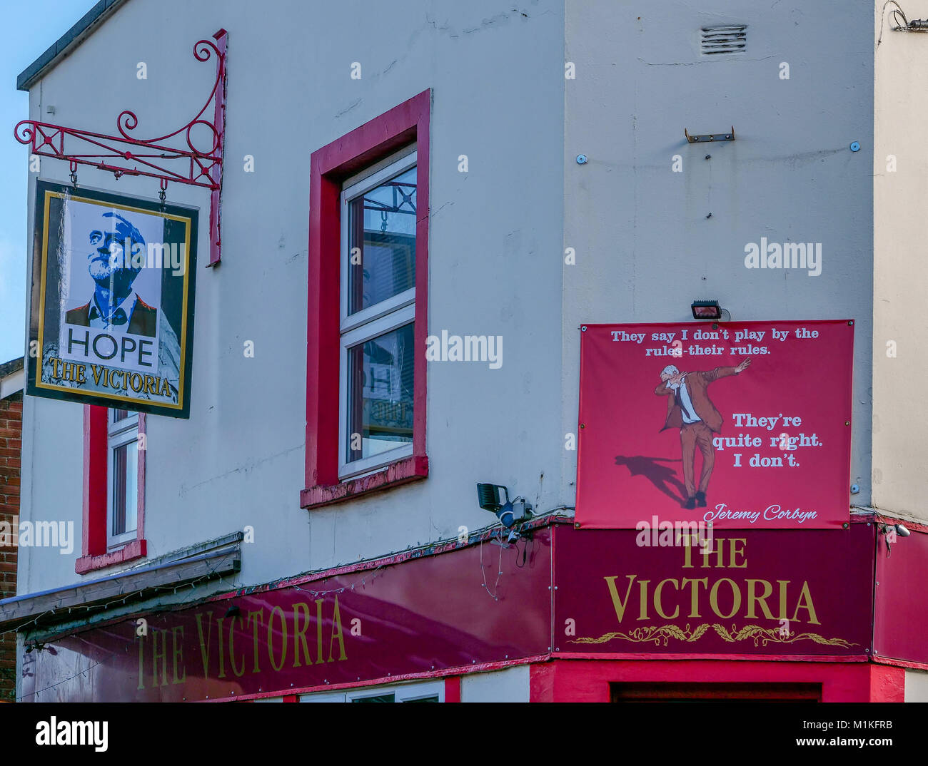 The Victoria pub at St Werburgh's a Labour stronghold of Bristol with its inn sign showing Jeremy Corbyn as a symbol of hope Stock Photo