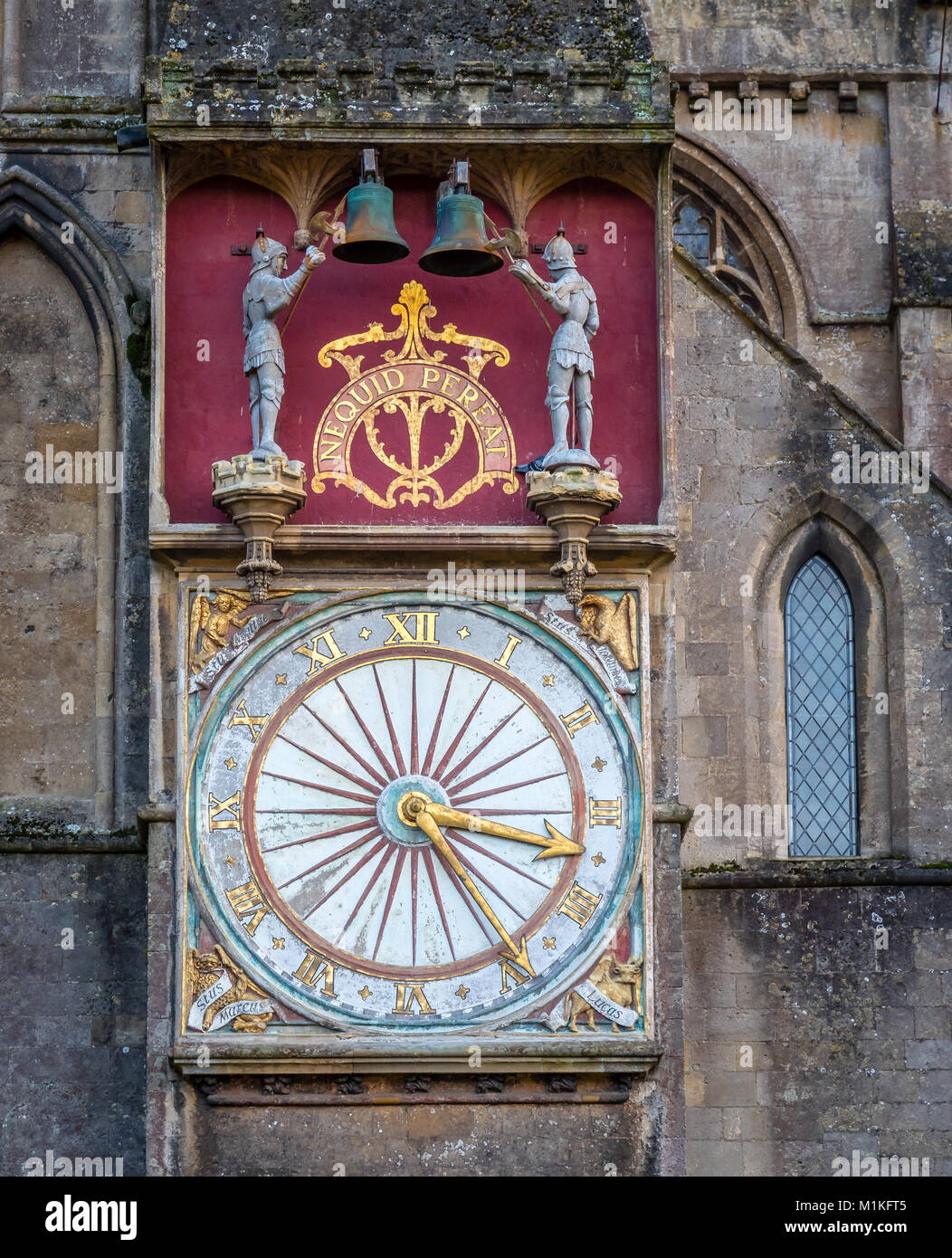 Fourteenth century Wells cathedral clock on the north aspect of the building - said to be the second continuously running clock in Britian Stock Photo