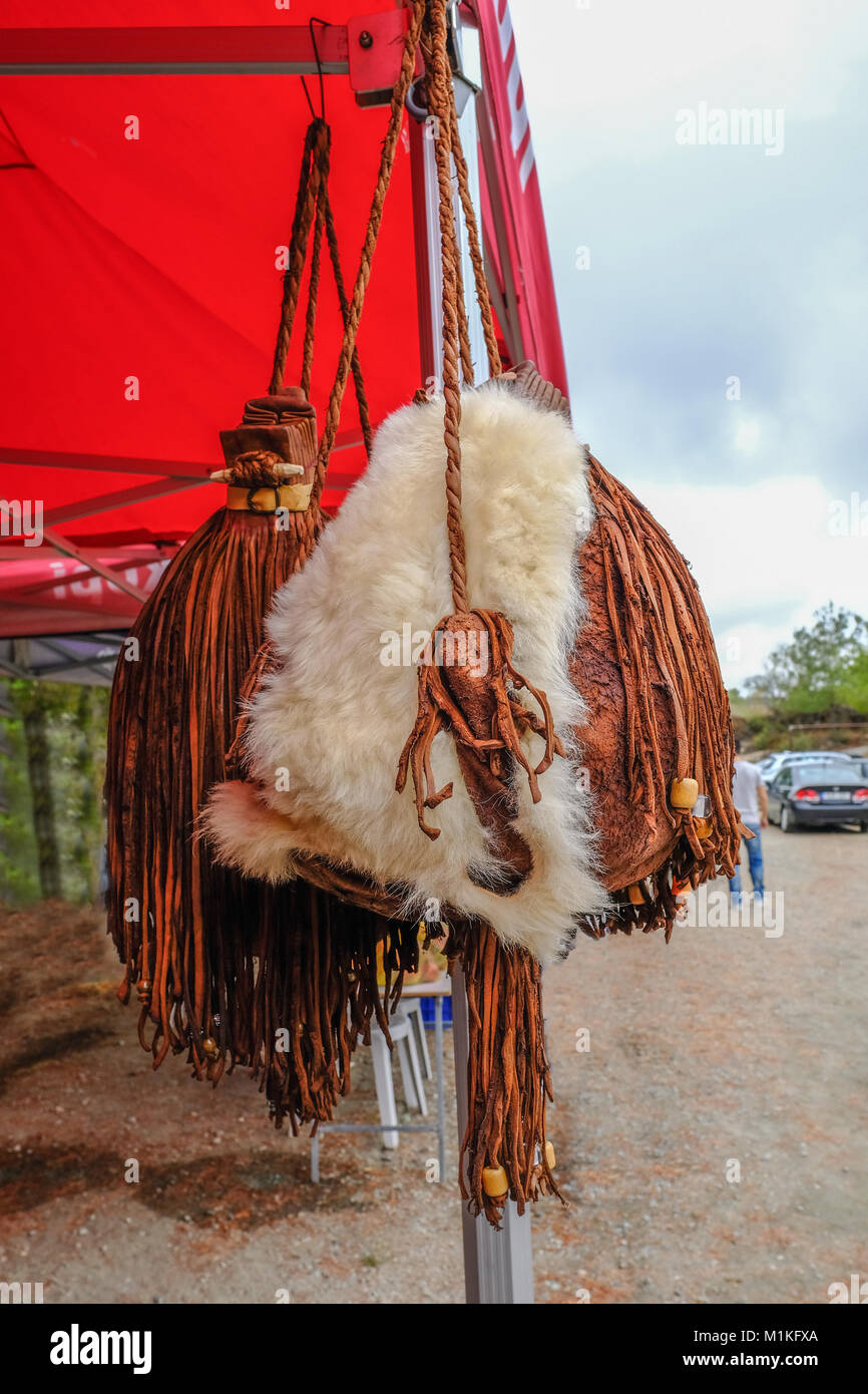 Vourka, shepherd's authentic bag make from goats skin. Stock Photo