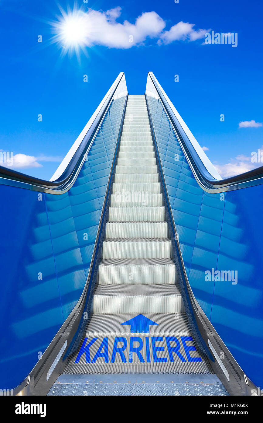 Escalator into a blue sky, german text karriere meaning career, concept for achievement of climbing the job ladder effortlessly up to a high level or Stock Photo
