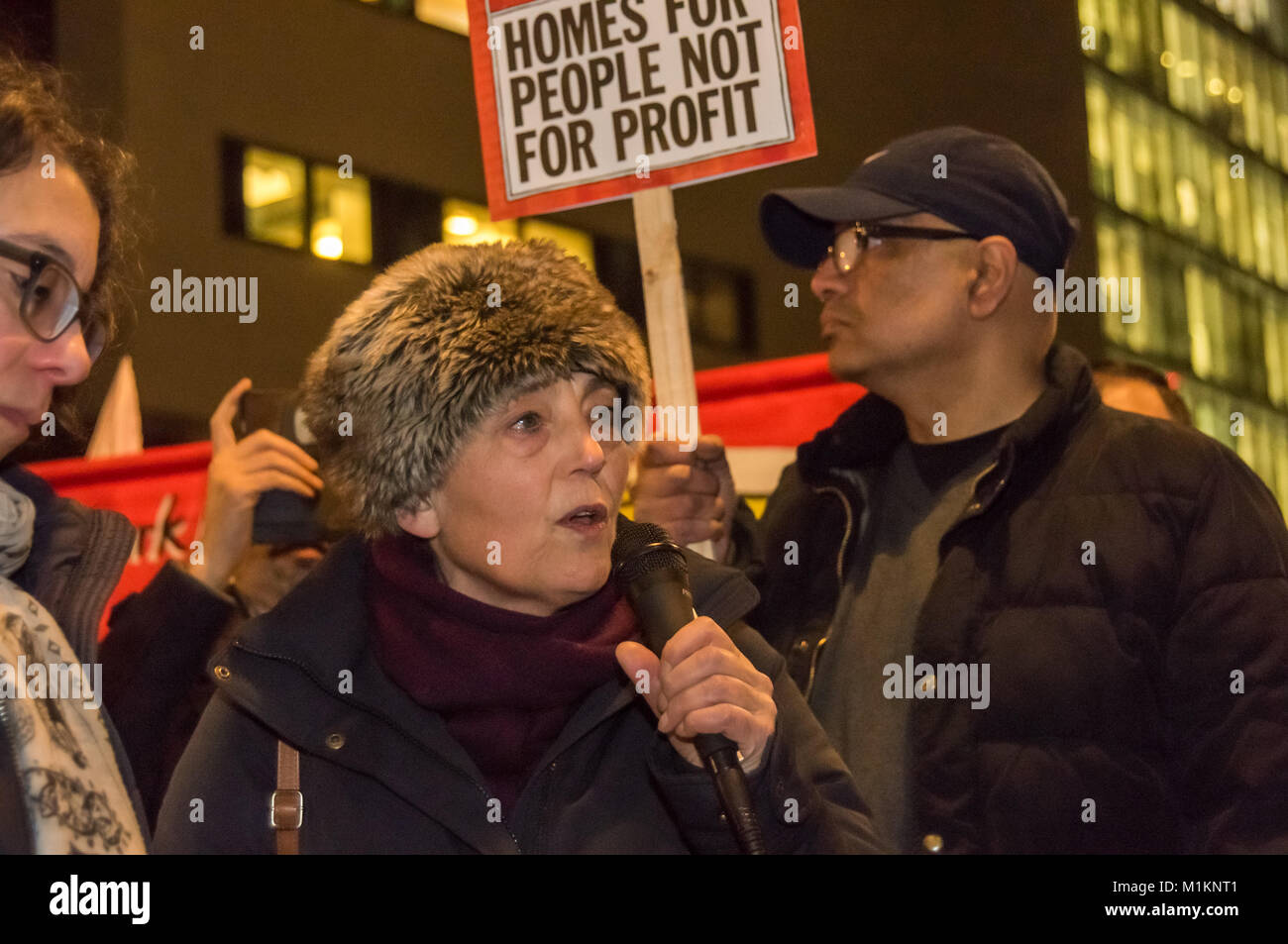 London, UK. 30th Jan 2018. Marion Roberts of Southwark Momentum speaks against the development plans. There were speeches, dancing and bingo outside the Southwark Council meeting which was to vote on plans by developer Delancey and the council which would destroy the Elephant & Castle centre and the community around it. The centre includes a Bingo Hall and is the the heart of a vibrant Latin American community. Credit: Peter Marshall/Alamy Live News Stock Photo