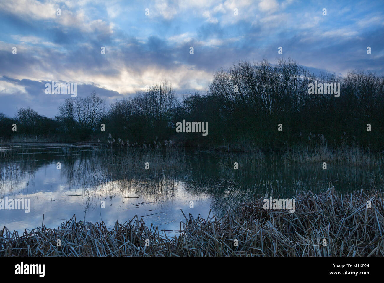 Lincolnshire, UK. 31st Jan, 2018. UK Weather: A dramatic sky over a Lincolnshire Wildlife Trust Nature Reserve, shortly after sunrise. Barton-upon-Humber, North Lincolnshire, UK. 31st January 2018. Credit: LEE BEEL/Alamy Live News Stock Photo