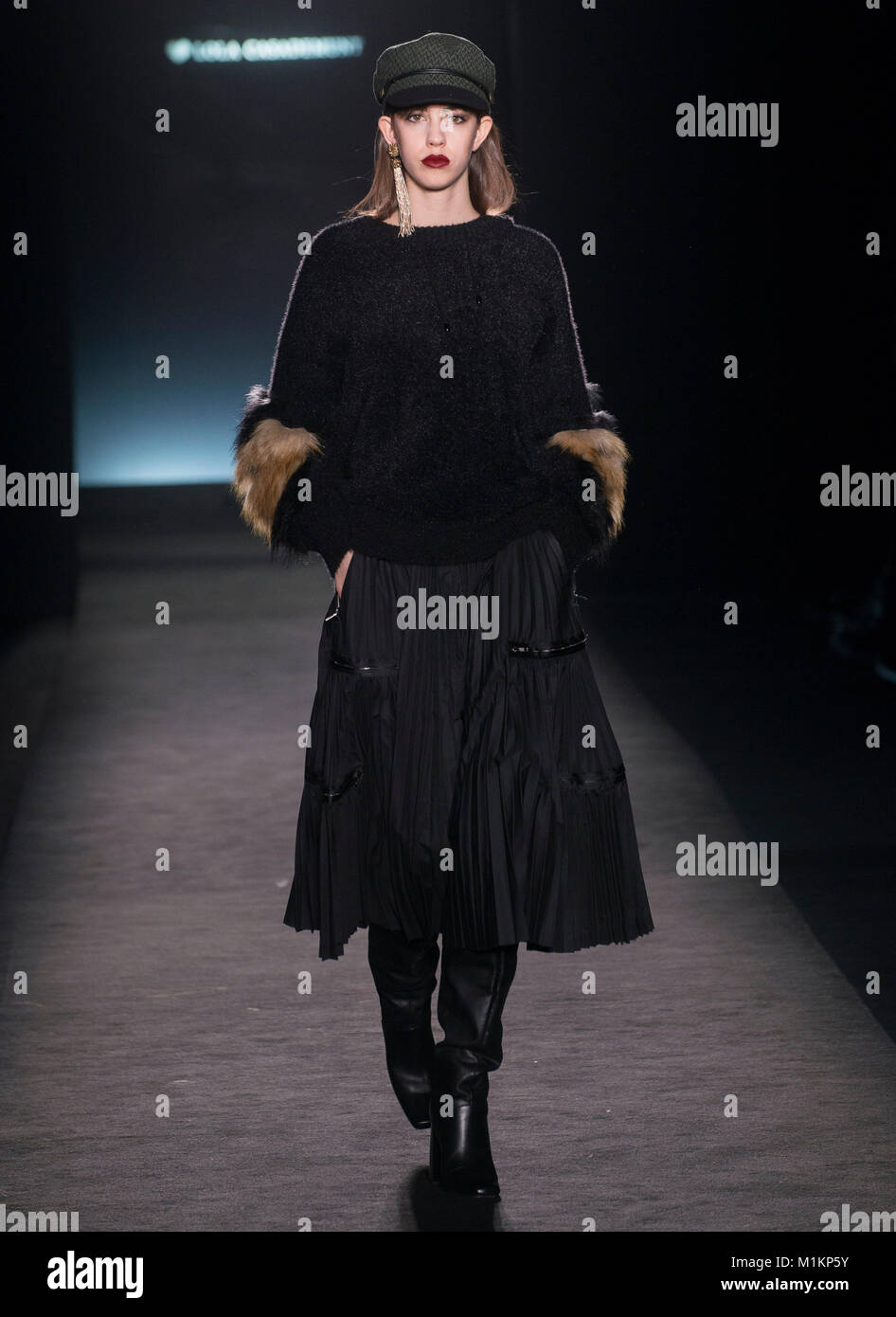Barcelona, Spain. 31st Jan, 2018. A model showcases designs by Lola Casademunt on the show during 080 Barcelona Fashion Fall/Winter 2018 at Recinte Modernista Sant Pau on January 30, 2018 in Barcelona, Spain. Credit: Victor Puig/Alamy Live News Stock Photo