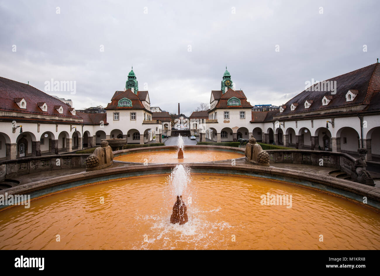 The court yard of the historical bath houses (1905-1911, Art Nouveau) in Bad Nauheim, Germany, 19 January 2018. The spa city will decide over the planning for a new thermal bath on the 25th of January 2018. The concept will see the new thermal bad docked to the old Art Nouveau bath house which is protected as a historic monument. Photo: Andreas Arnold/dpa Stock Photo