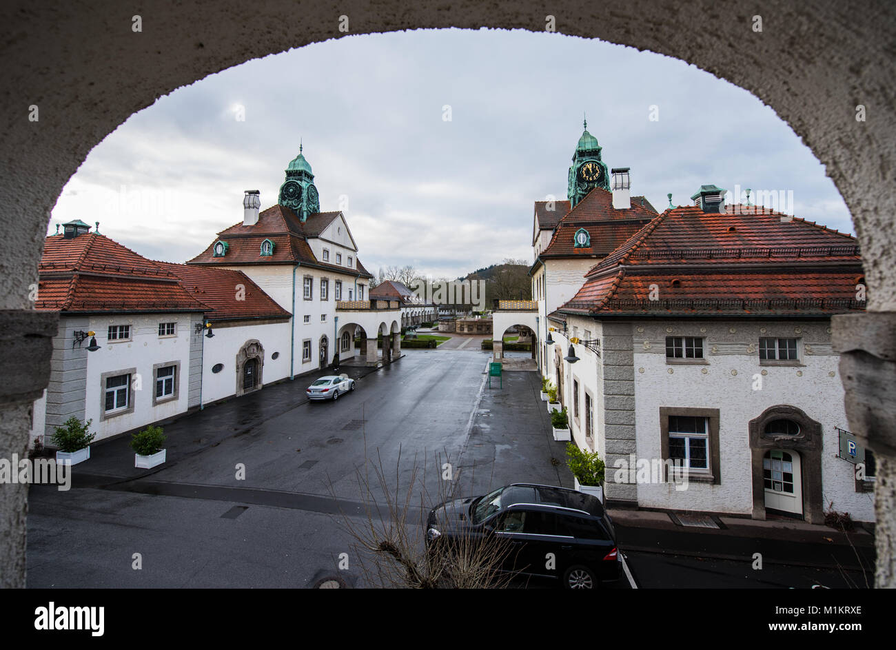 The entrance of the historical bath houses (1905-1911, Art Nouveau) in Bad Nauheim, Germany, 19 January 2018. The spa city will decide over the planning for a new thermal bath on the 25th of January 2018. The concept will see the new thermal bad docked to the old Art Nouveau bath house which is protected as a historic monument. Photo: Andreas Arnold/dpa Stock Photo