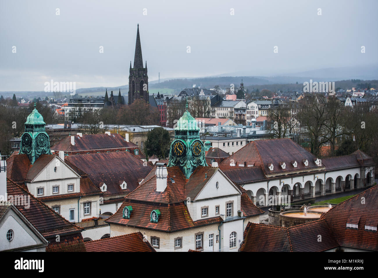 View of the historical spa facility (1905 - 1911, Art Nouveau) in Bad Nauheim, Germany, 19 January 2018. The spa city will decide over the planning for a new thermal bath on the 25th of January 2018. The concept will see the new thermal bad docked to the old Art Nouveau bath house which is protected as a historic monument. Photo: Andreas Arnold/dpa Stock Photo