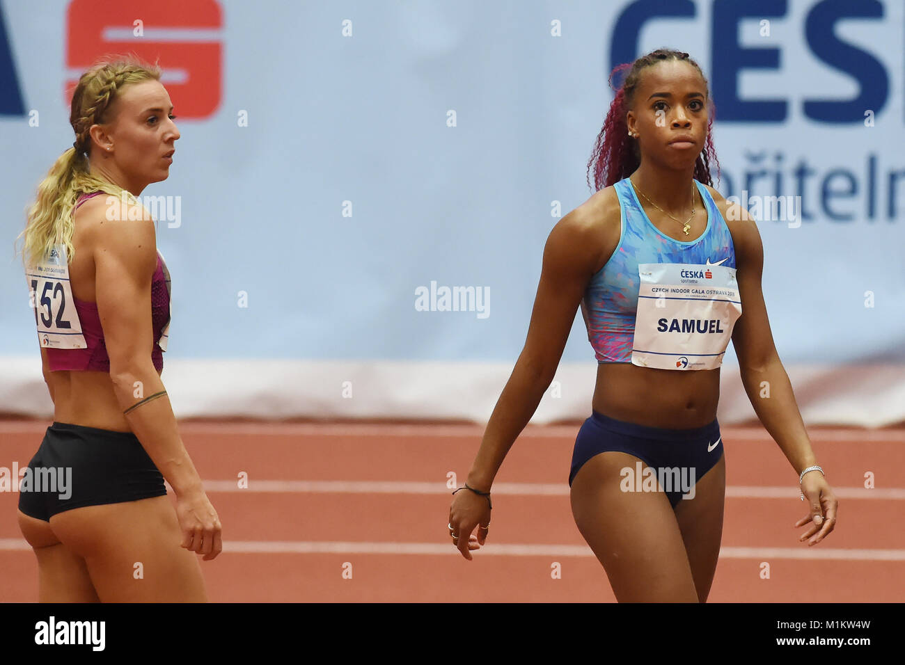 Ostrava, Czech Republic. 25th Jan, 2018. The second placed Czech Klara Seidlova (left) and the third Jamile Samuel of Netherland after the women´s 60m hurdles during the Czech Indoor Gala, EAA indoor athletic meeting in Ostrava, Czech Republic, January 25, 2018. Credit: Jaroslav Ozana/CTK Photo/Alamy Live News Stock Photo