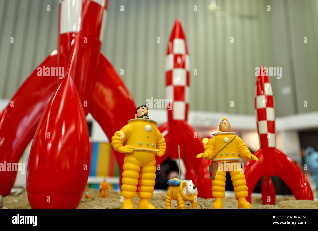 Nuremberg, Germany. 31st Jan, 2018. The comic figues captain Haddock (L-R), Snowy and Tintin stand next to each other at the stand of the German company Franko-Belgischer Comic-Produkte Atomax during the 69th Nuremberg International Toy Fair in Nuremberg, Germany, 31 January 2018. The largest toy fair worldwide will last between the 31st of January until the 4th of February 2018. Credit: Daniel Karmann/dpa/Alamy Live News Stock Photo