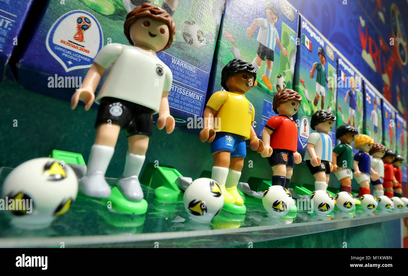 Nuremberg, Germany. 31st Jan, 2018. Figures of the Playmobil toy set '2018  FIFA World CupRussia - Arena zum Mitnehmen' (lit. 2018 FIFA World CupRussia  - takeaway arena) stand next to each other