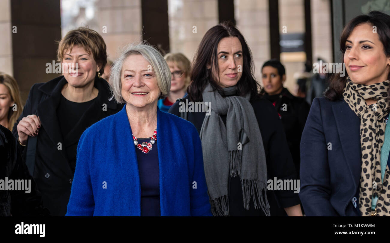 London, UK. 31st January 2018.  Female BBC presenters and staff arrive at the Select committee hearing on BBC pay.  Pictured center is Kate Adie veteran BBC correspondent. Credit Ian Davidson/Alamy Live News Stock Photo