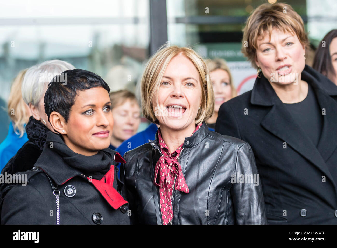 London, UK. 31st January 2018.  Female BBC presenters and staff arrive at the Select committee hearing on S BBC pay.  Pictured Mariella Frostrup, BBC news presenter, center and Naga Munchetty (left) and Kate Silverton, (left)  Credit Ian Davidson/Alamy Live News Stock Photo