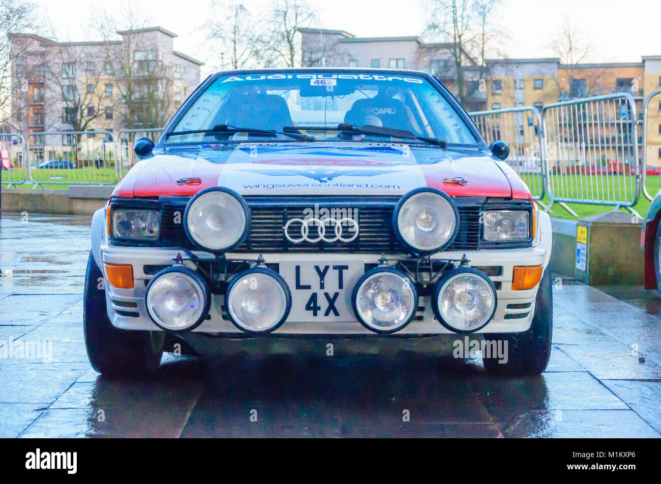 Paisley, Scotland, UK. 31st January 2018: Front view of a white Audi Quattro car. The Monte Carlo Rally starts at Paisley Abbey. This year sees the 21st  Historique event and the 3rd Classique event. Both events are staged by the Automobile Club de Monaco  and take place on open public roads. The distance to Monte Carlo is 1270 miles. Credit: Skully/Alamy Live News Stock Photo