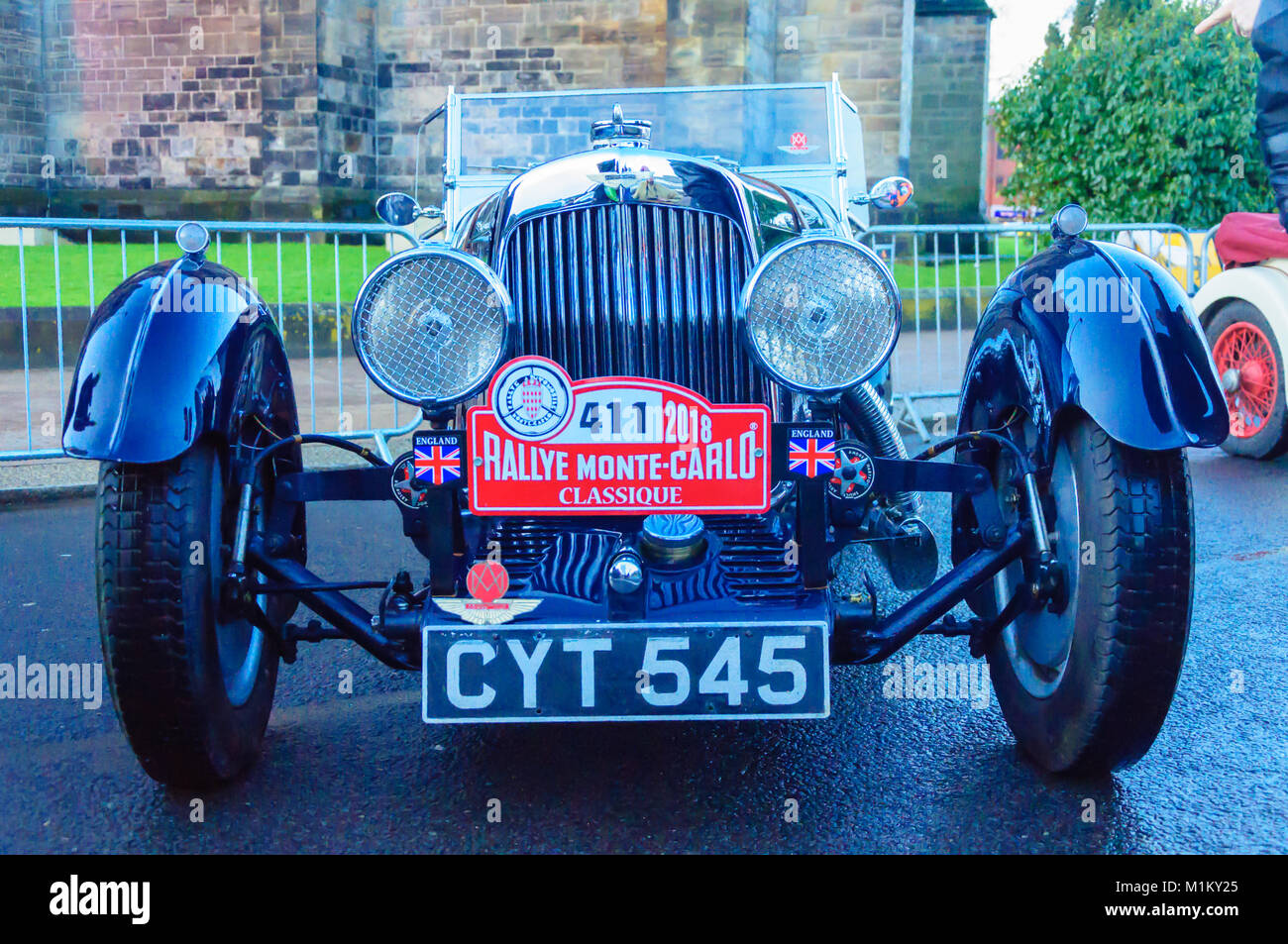 Paisley, Scotland, UK. 31st January 2018: Front view of an Aston Martin classic car. The Monte Carlo Rally starts at Paisley Abbey. This year sees the 21st  Historique event and the 3rd Classique event. Both events are staged by the Automobile Club de Monaco  and take place on open public roads. The distance to Monte Carlo is 1270 miles. Credit: Skully/Alamy Live News Stock Photo