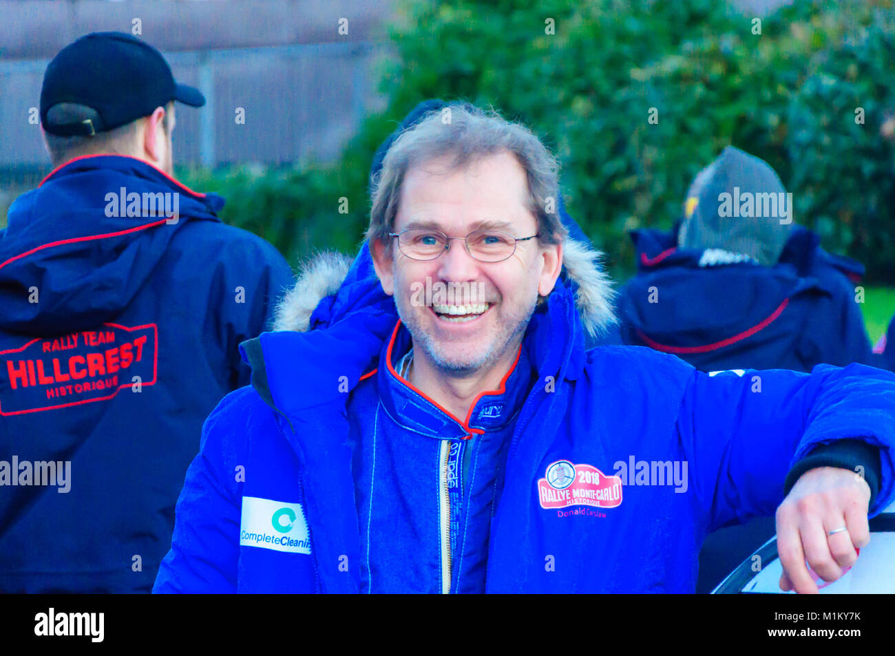 Paisley, Scotland, UK. 31st January 2018: Smiling racing driver Donald Carslaw. The Monte Carlo Rally starts at Paisley Abbey. This year sees the 21st  Historique event and the 3rd Classique event. Both events are staged by the Automobile Club de Monaco  and take place on open public roads. The distance to Monte Carlo is 1270 miles. Credit: Skully/Alamy Live News Stock Photo