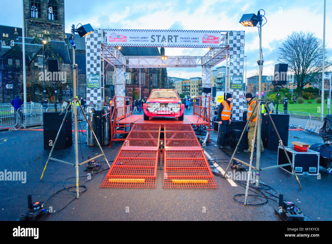 Paisley, Scotland, UK. 31st January 2018: The starting podium. The Monte Carlo Rally starts at Paisley Abbey. This year sees the 21st  Historique event and the 3rd Classique event. Both events are staged by the Automobile Club de Monaco  and take place on open public roads. The distance to Monte Carlo is 1270 miles. Credit: Skully/Alamy Live News Stock Photo