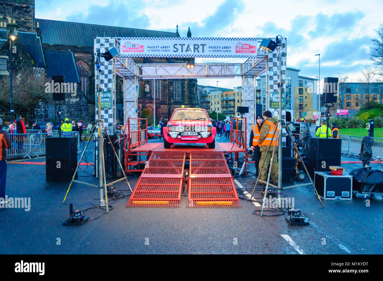 Paisley, Scotland, UK. 31st January 2018: The starting podium. The Monte Carlo Rally starts at Paisley Abbey. This year sees the 21st  Historique event and the 3rd Classique event. Both events are staged by the Automobile Club de Monaco  and take place on open public roads. The distance to Monte Carlo is 1270 miles. Credit: Skully/Alamy Live News Stock Photo